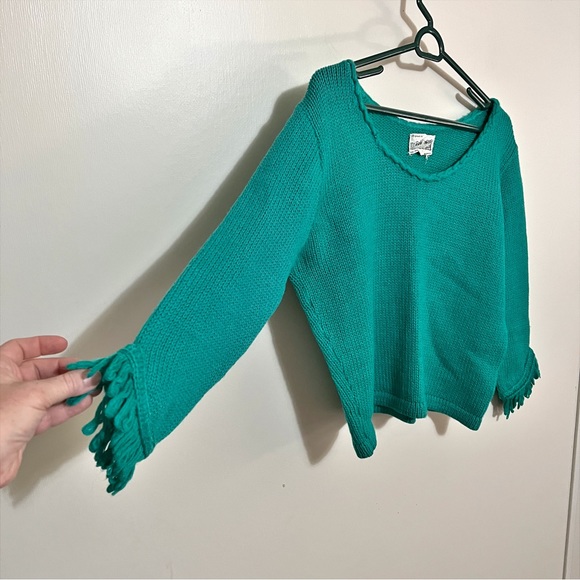 Vintage Teal Knit Sweater with Fringe Hem Sleeves S/M - Picture 3 of 7